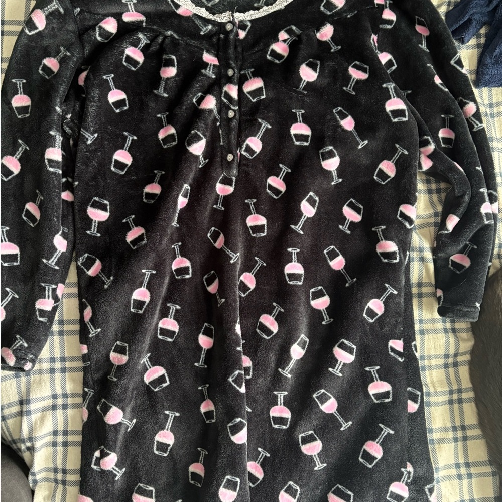 Women's Black Plush Nightgown with Pink Wine Glass Print